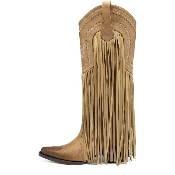 Women's Fashion Pointed Toe Chunky Pull On Knee High Heel Embroidered Tan Boot - Picture 2 of 8